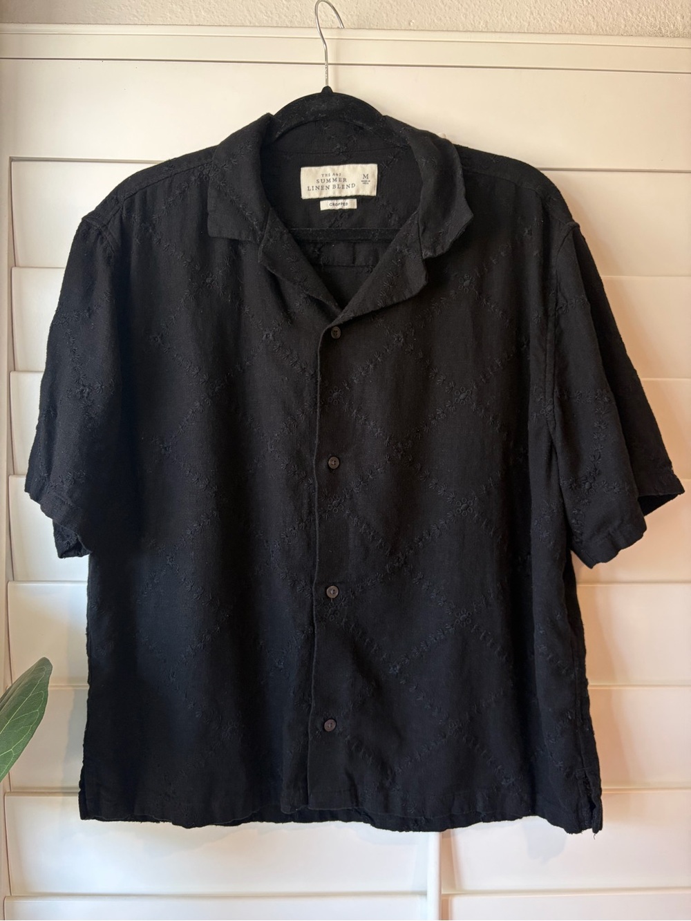 ABERCROMBIE Line  Blend Camp Collar Cropped Short Sleeve Button-Up Shirt - Black